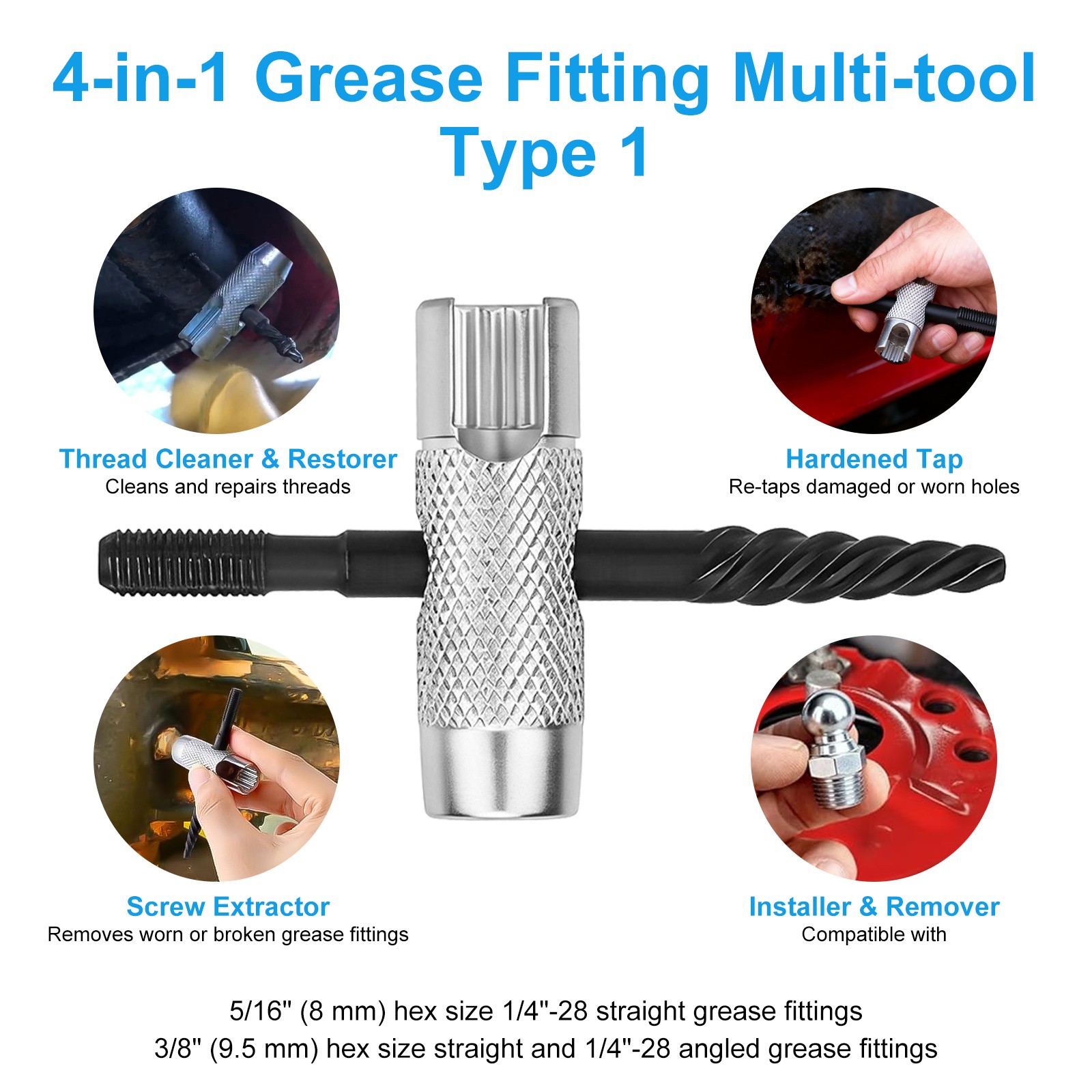 4 in1 Grease Zerk Fitting Tool Assortment Install Remove Rethread SAE NPT Metric