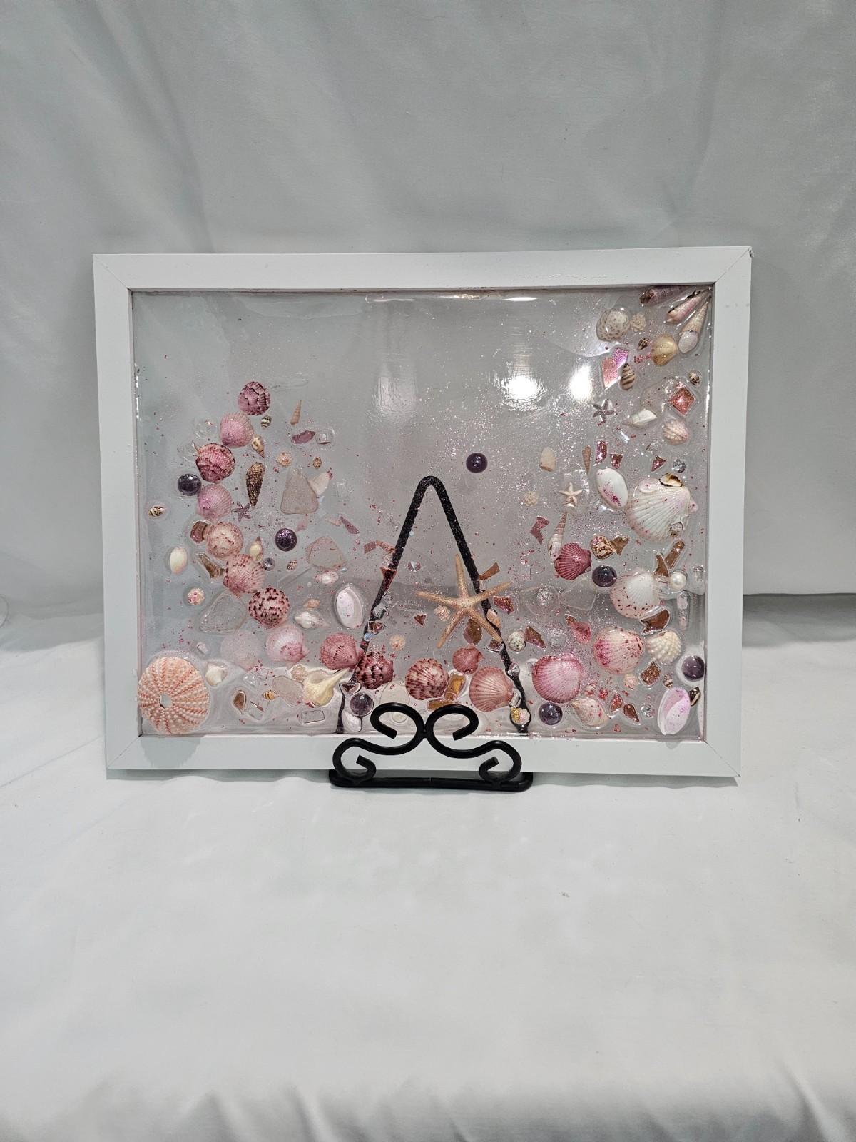 New Handmade 12" x 15" Framed Resin Coastal Art With Shells & Starfish Pink