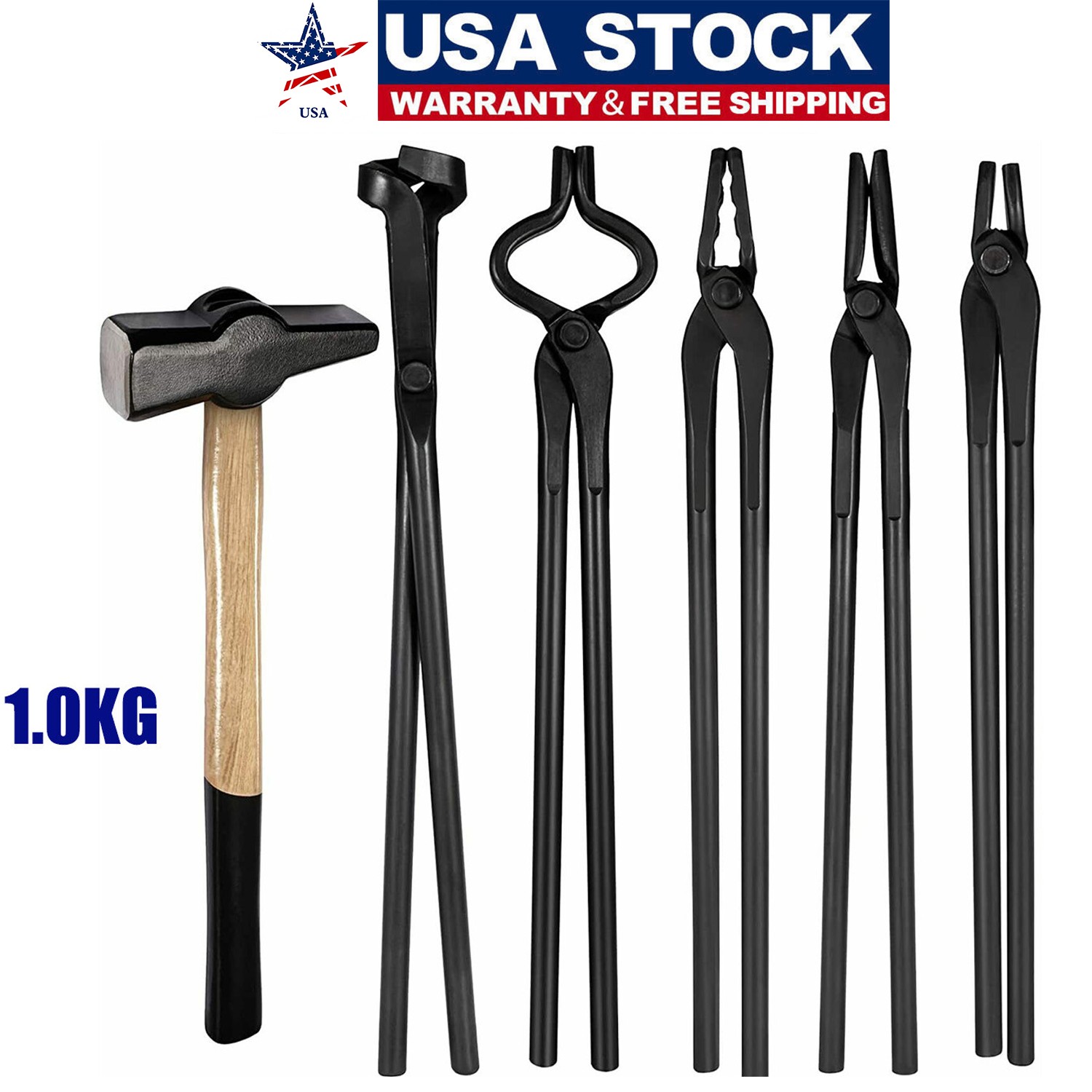 Bladesmith Knife Making Tongs Set & 1.0kg Blacksmith Hammer for Forge Anvil Vise