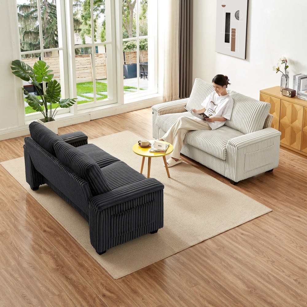 71" Corduroy Sofa with Storage Armrest USB and Plush Square Design