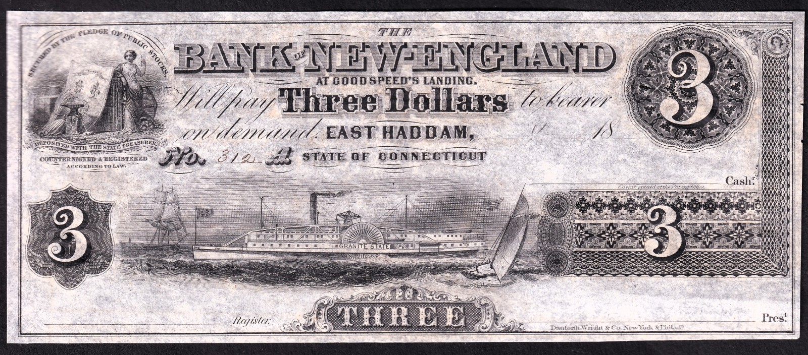 USA The Bank Of New-England $3 Three Dollar Banknote Connecticut East Haddam