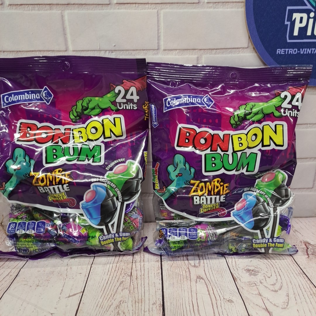 2 Bags- Colombina Bon Bon Bum Halloween Zombie Battle Lollipops W/ Gum Center