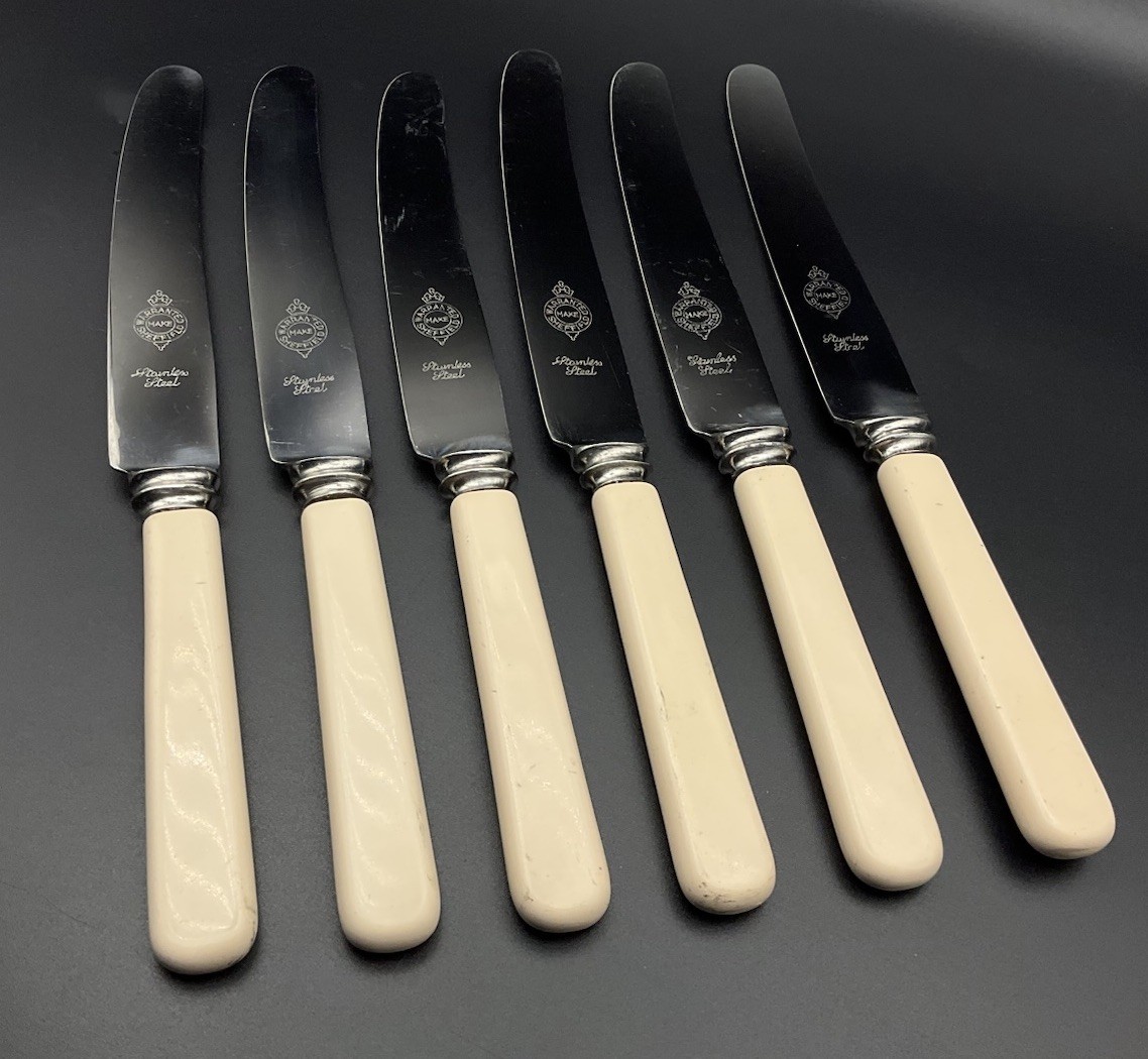 Vintage Set Of 6 Faux Bone Knives Warranted SHEFFIELD Cutlery