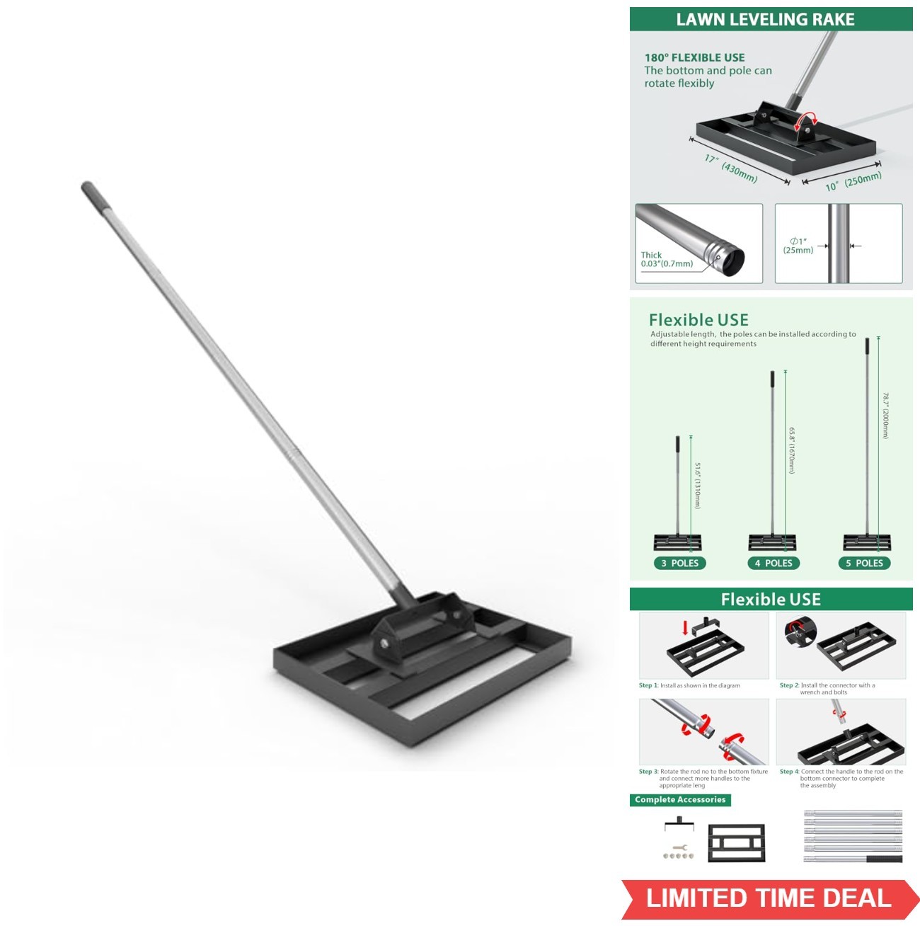 Lawn Leveling Rake 17 Inch x 10 Inch 78 Inch Adjustable Handle Stainless Steel