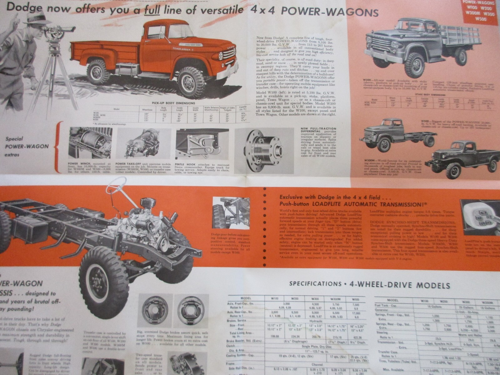 1958 DODGE TRUCK POWER GIANTS W100 W200 W300 W300M W500 FOUR-FOLD SALES BROCHURE