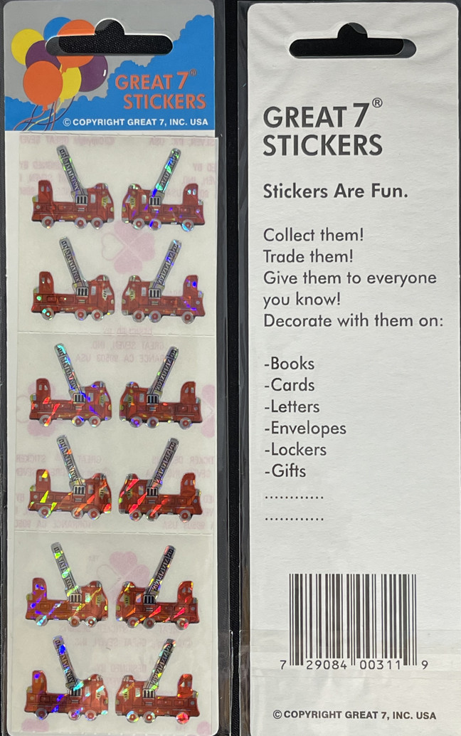 12 packages of Prismatic Fire Engine Stickers, "Great 7" Sticker Design, PPZ6118