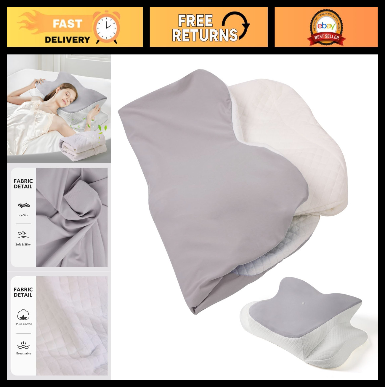 Cervical Pillow Case - Comfortable, Breathable, Standard Size, Gray, 1PC - Pillo