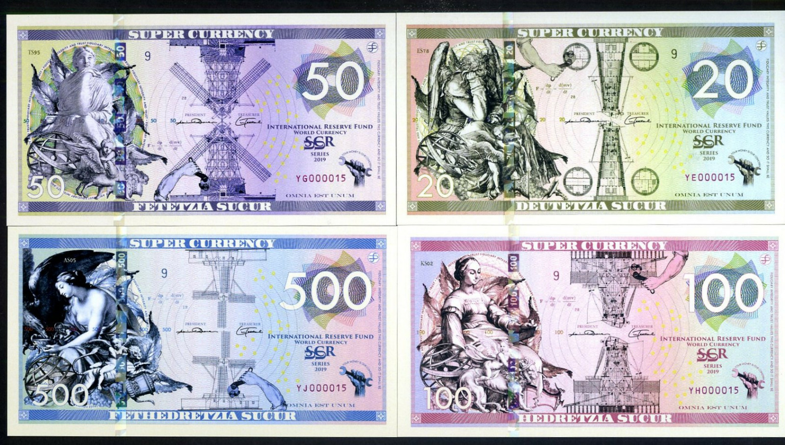SET, Super Currency, 20;50;100;500 Sucur, Private Issue Polymer, 2019,