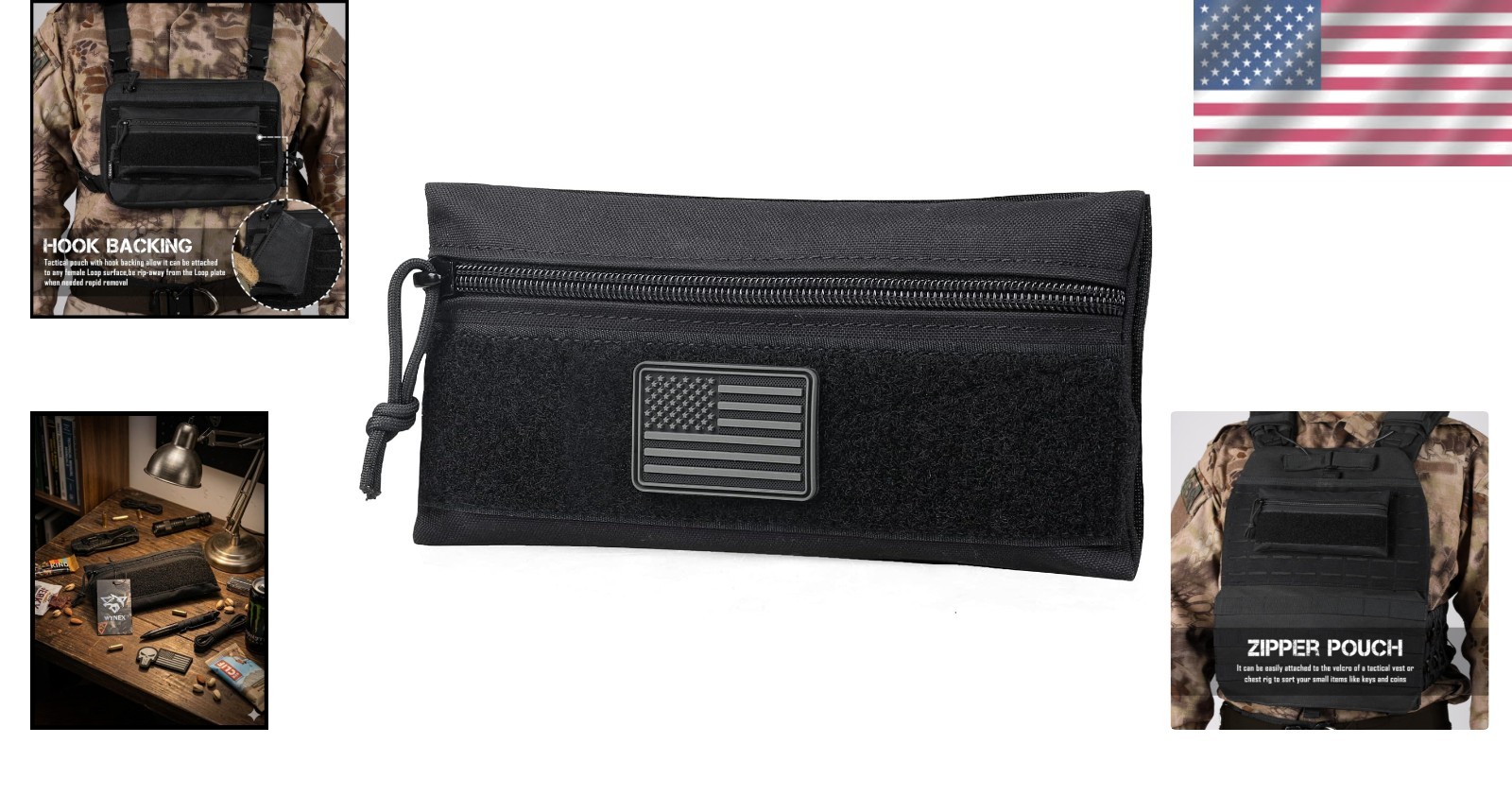 Tactical Zipper Pouch Utility Organizer Bag Insert Nylon Black with Hook Backing