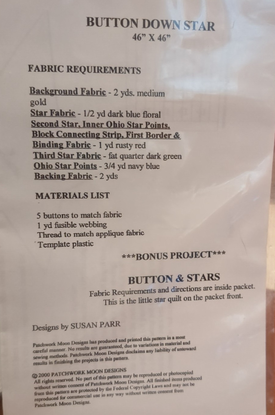 BUTTON DOWN STAR Quilt Pattern by Patchwork Moon Designs 46 x 46