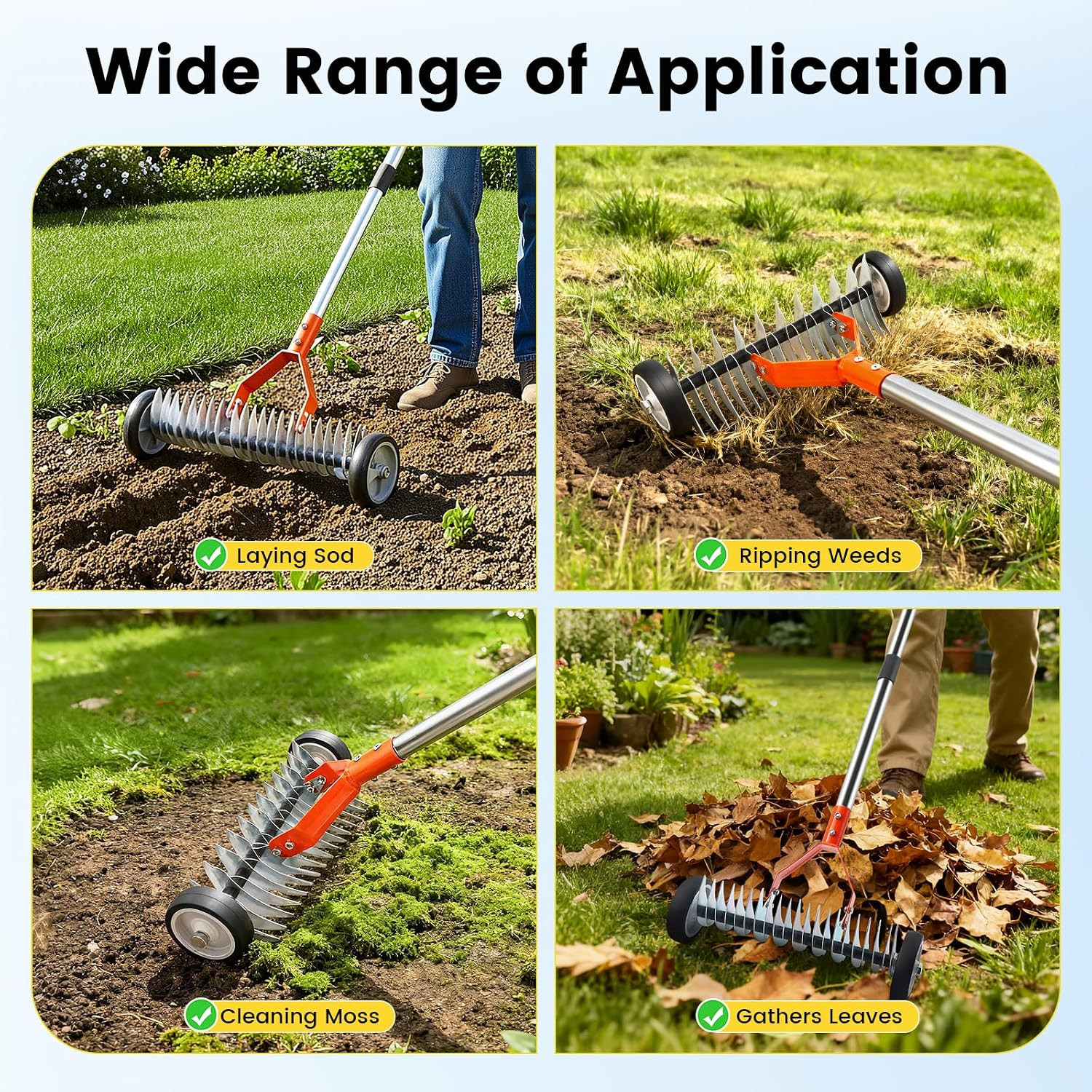 Thatch Rake with Wheels, 37-65.35'' Adjustable Dethatching Roller Rake Adjustabl