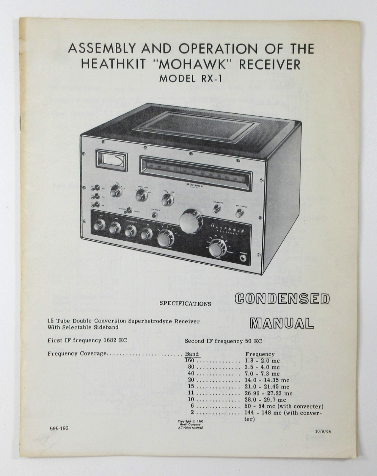 Heathkit Mohawk Ham Radio Receiver RX-1 CONDENSED MANUAL Schematic Controls 1964