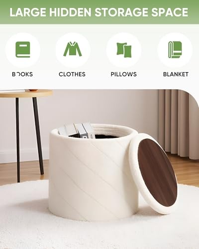 Ottoman with Stroage, Boucle Round Storage 12.99x12.99x13.78 inches White