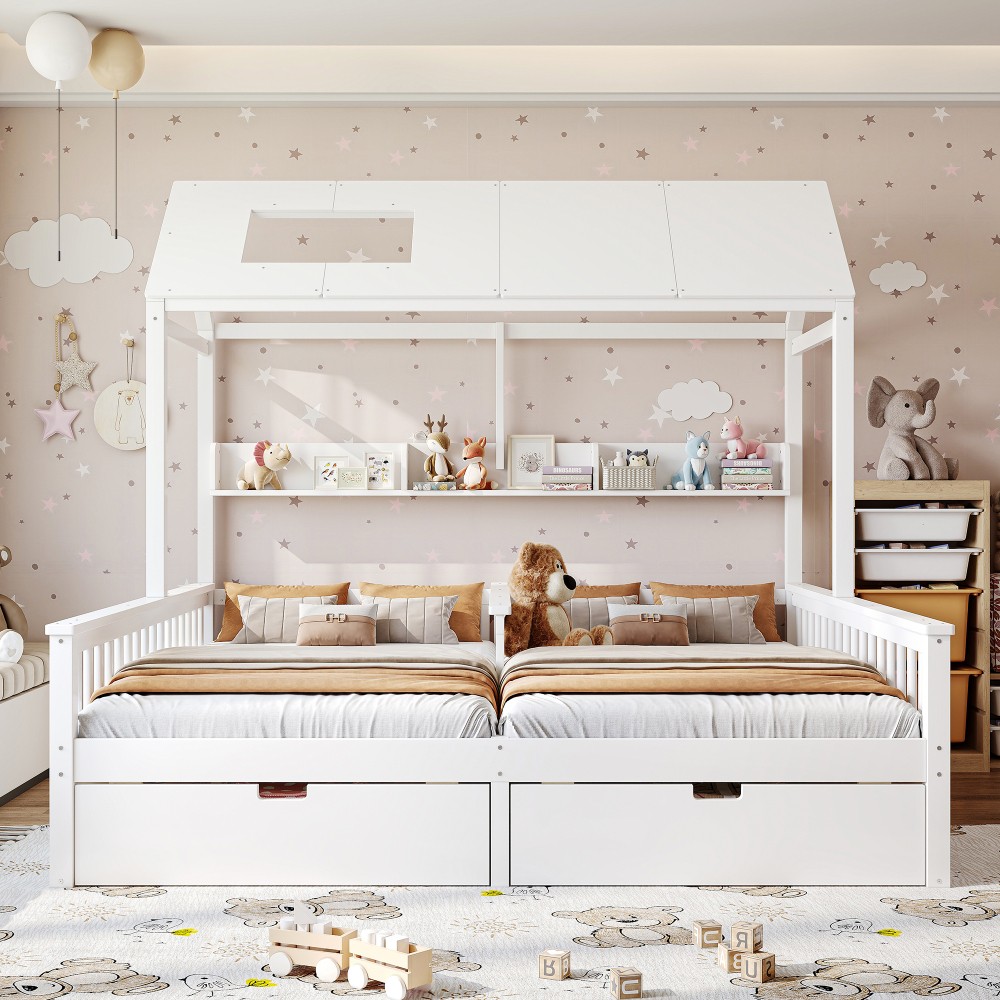 White Double Twin Platform Bed w/ Storage Shelves & Drawers