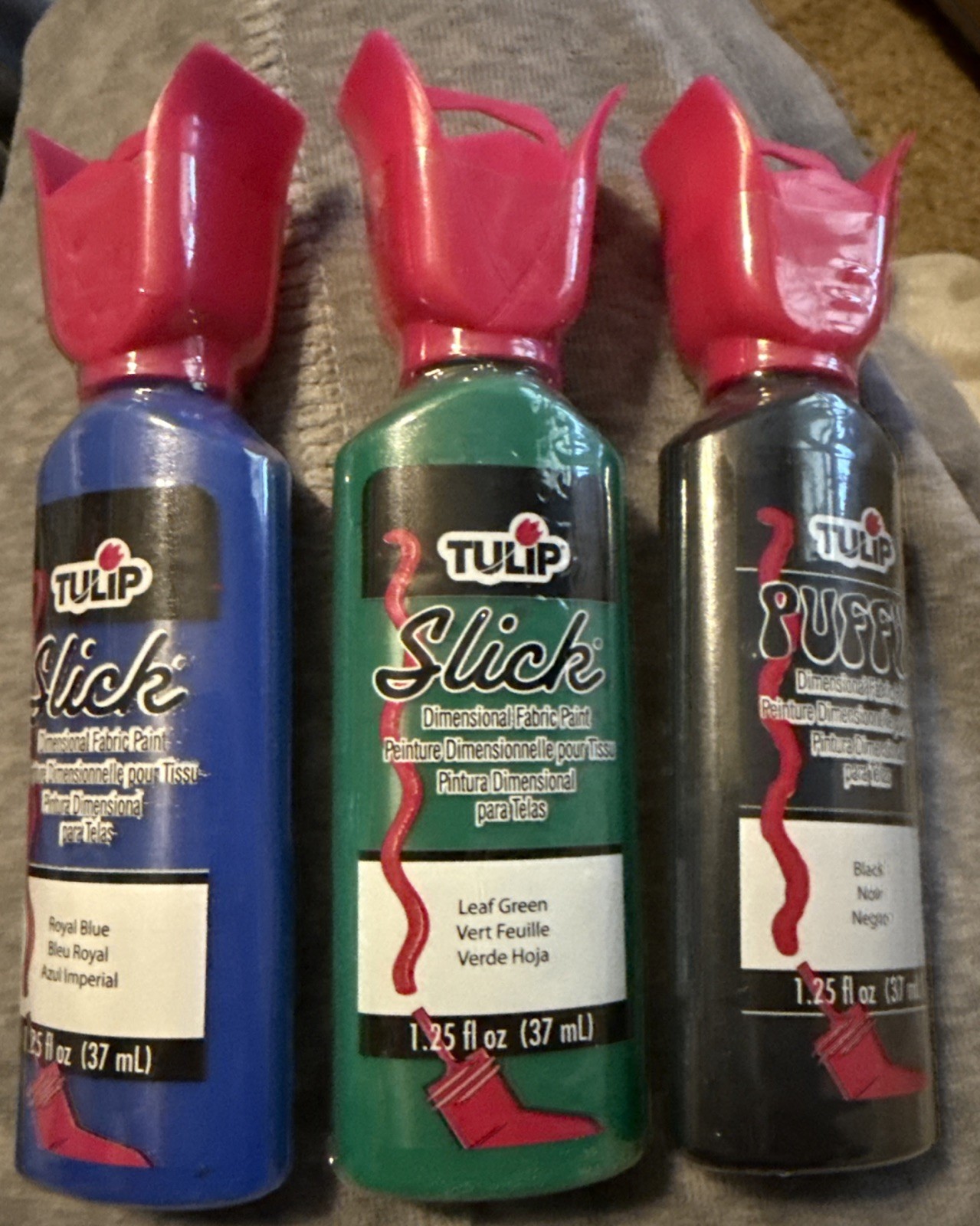 Tulip Slick Fabric Paint Leaf Green,royal Blue And Puffy Black Set Of 3 Sealed