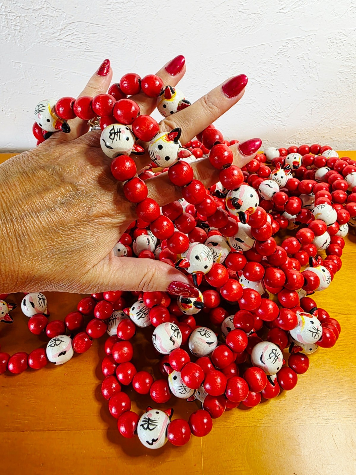 Vintage Red Wooden Beads Painted Kitty Cat Garland - 26.5 ft - Holiday or Crafts