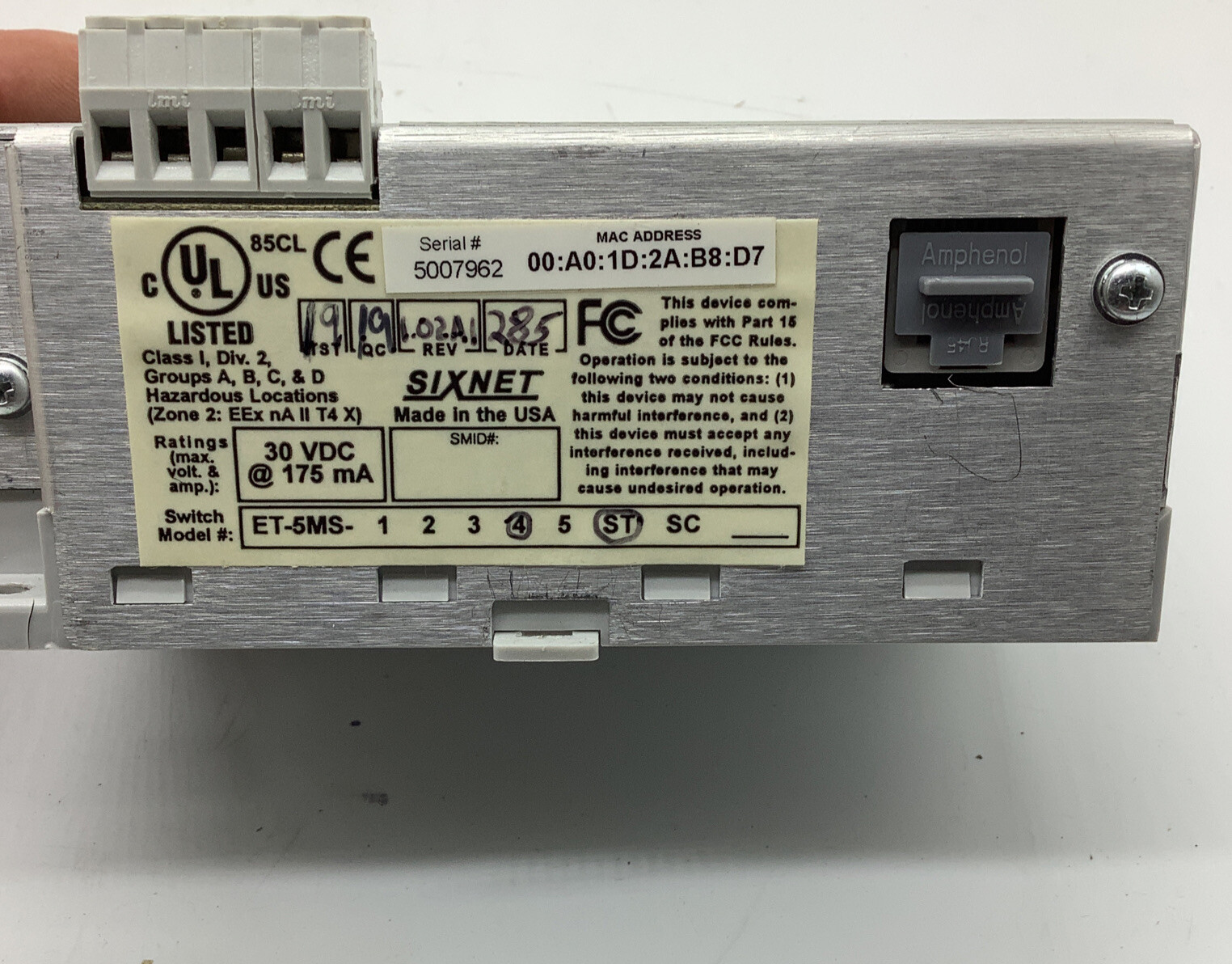 EtherTrak, SIXNET, ET-5MS-4 ST,Switch,(1 Pc In Lot)2616-83
