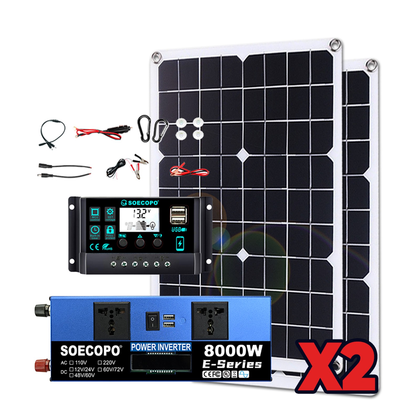 8000W Off-Grid Solar (12V/24V to 110V/220V) 2pcs Solar Panels,Charge Controller