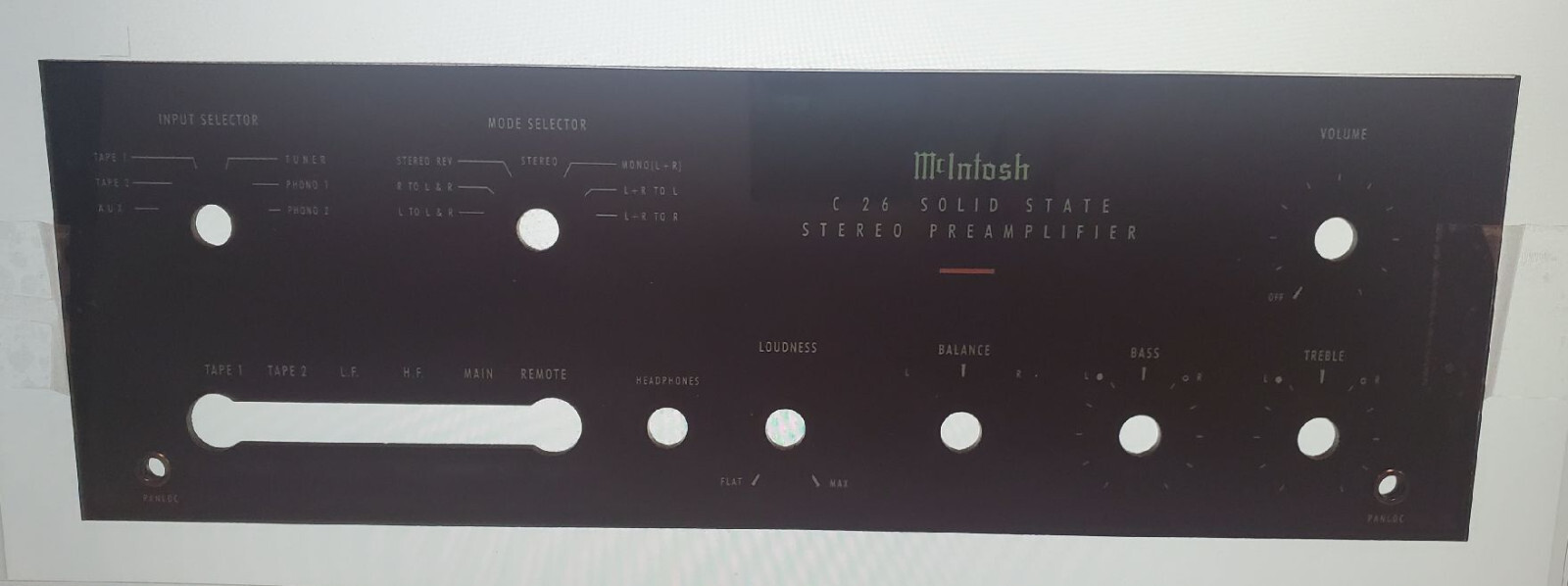 Original McIntosh C26 glass faceplate for stereo preamplifier.