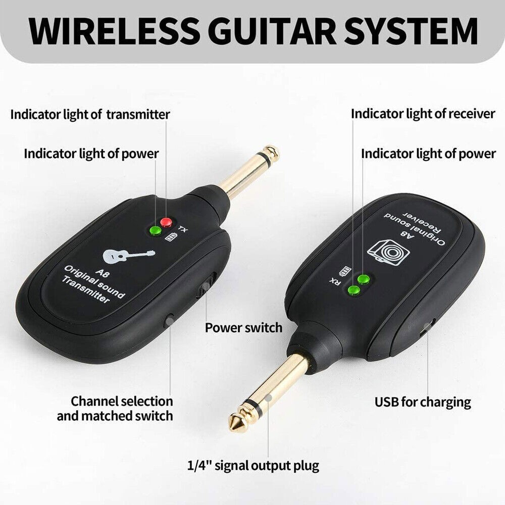UHF Guitar Wireless System Transmitter+Receiver Built In Rechargeable Battery