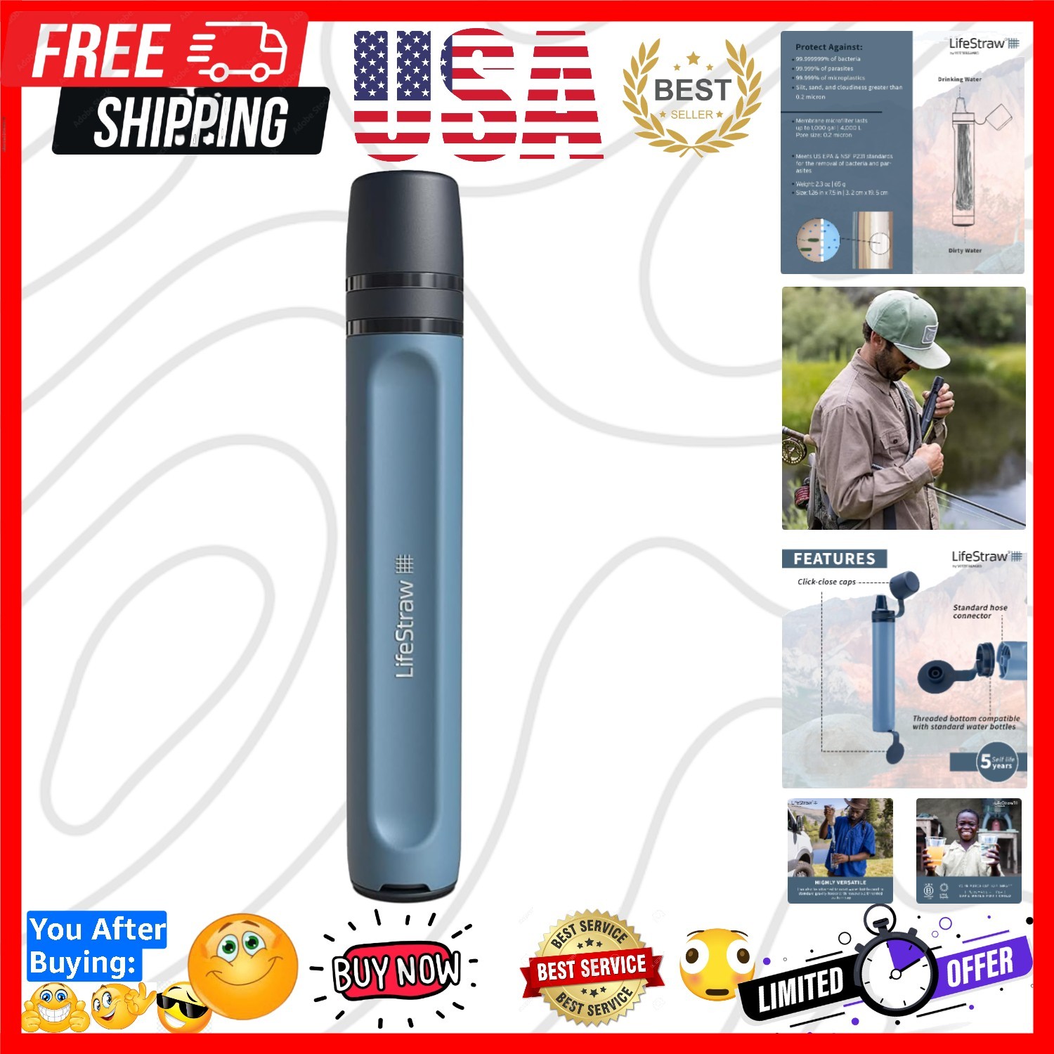 Peak Series Personal Water Filter for Hiking, Camping, Travel, and Emergency ...