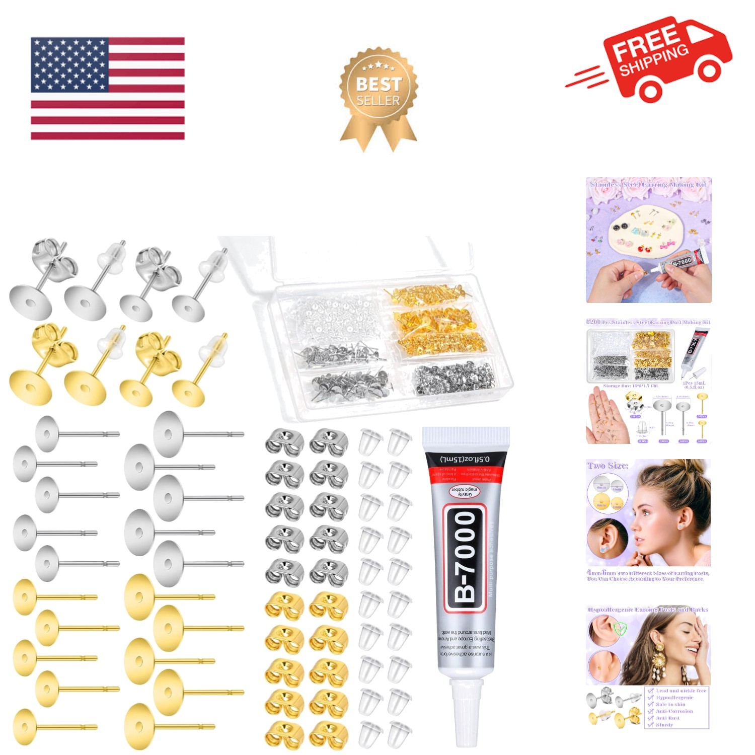 Jewelry Glue with 600pcs Stainless Steel Earring Posts and Backs - Silver and...