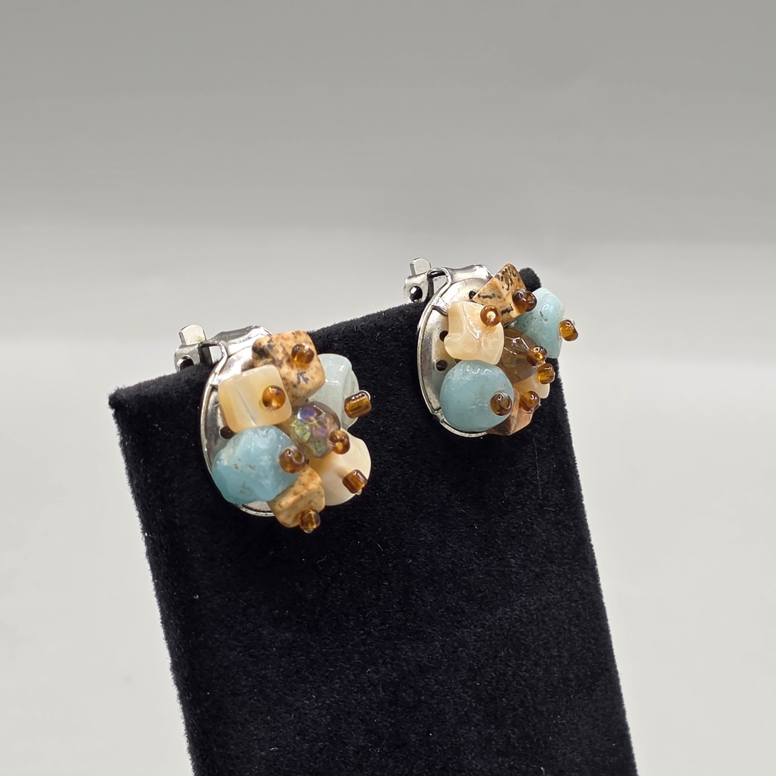 Vintage Multi Stone Bead Cluster Clip-On Silver Tone Earrings
