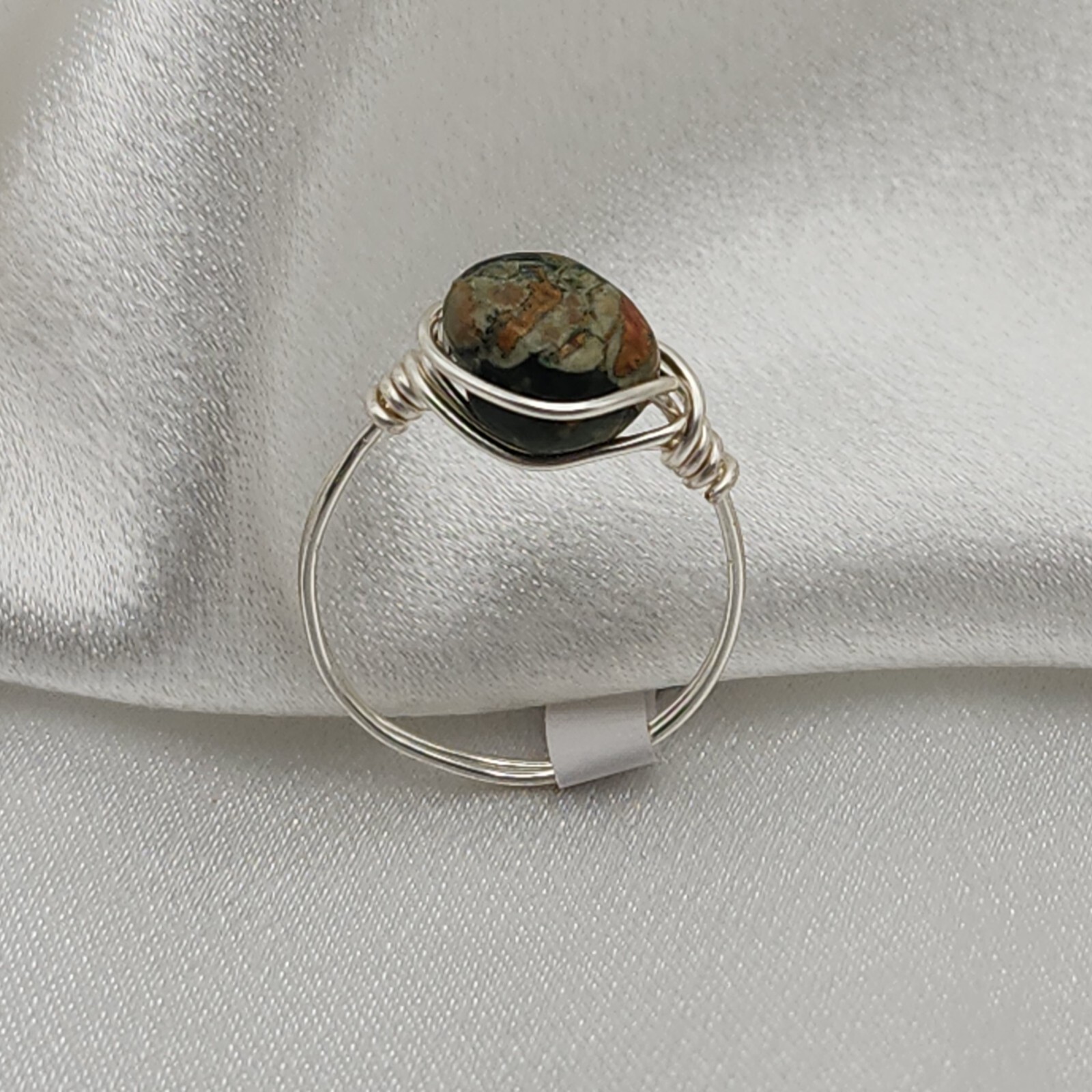 Wire Wrapped Moss Agate Stone Ring Size 8 - Rustic Handcrafted Minimal Jewelry