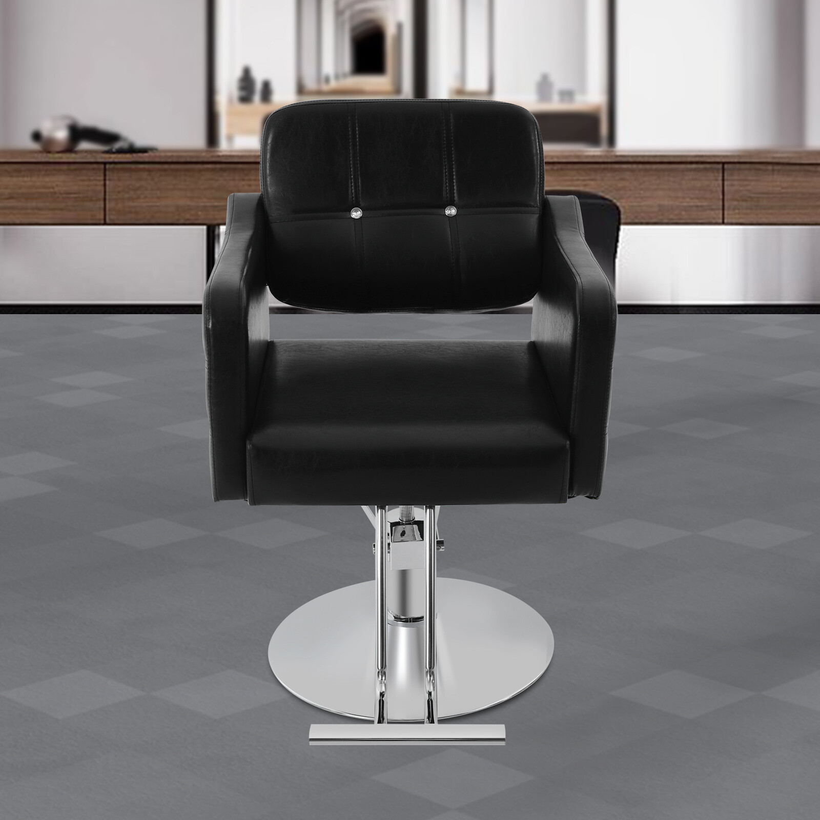 Black Barber Chair Swivel Hair Salon Chair Metal Base Height Adjustable Modern