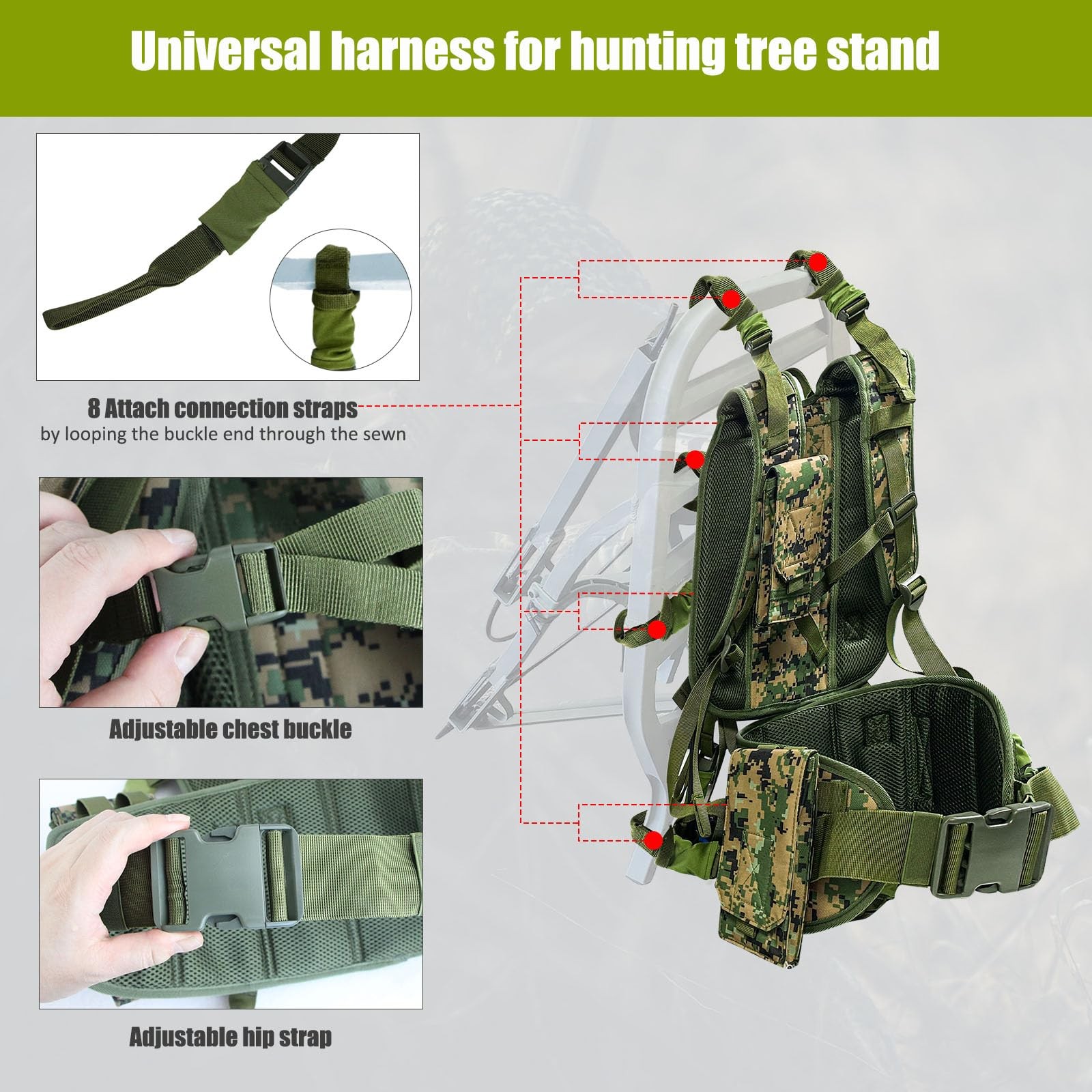 Tree Stand Carrier Backpack with Padded Straps, 8 Connection Points & 3 Pocke...