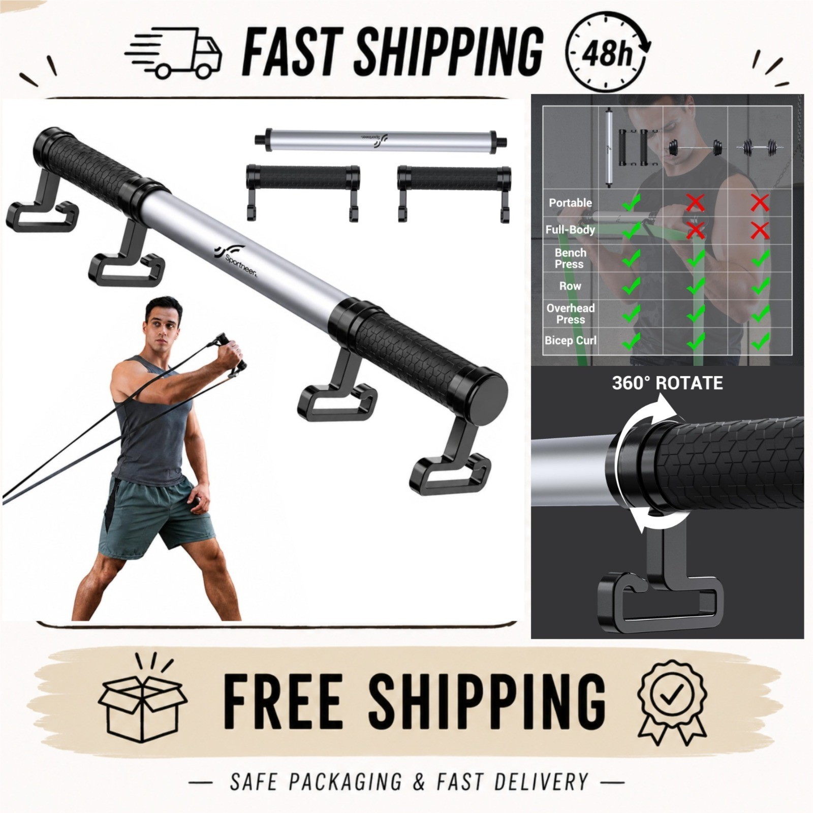 Sportneer Resistance Band Bar - Detachable Workout Bar for Home Gym