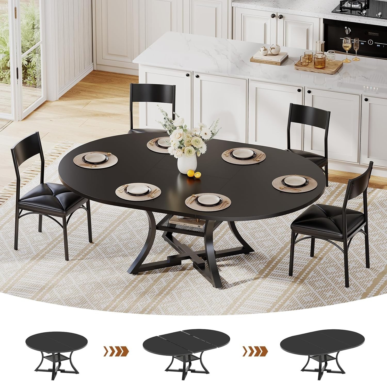 Round Extendable Dining Table Set, Kitchen Table Set with 4 Cushion Chairs