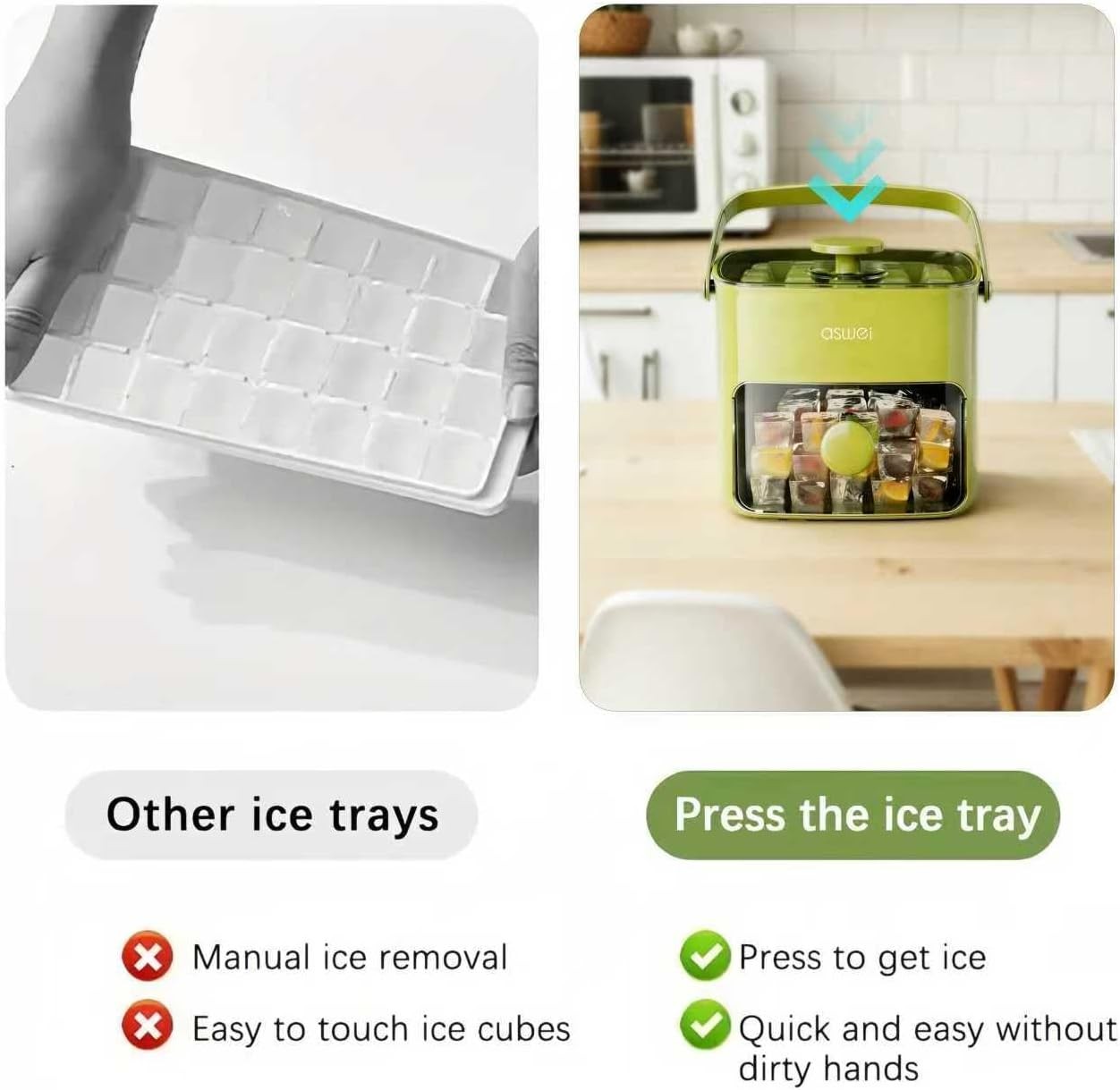 Compact Ice Cube Tray W/ Lid & Bin Mini Press-Type Ice Cube Maker Freezer