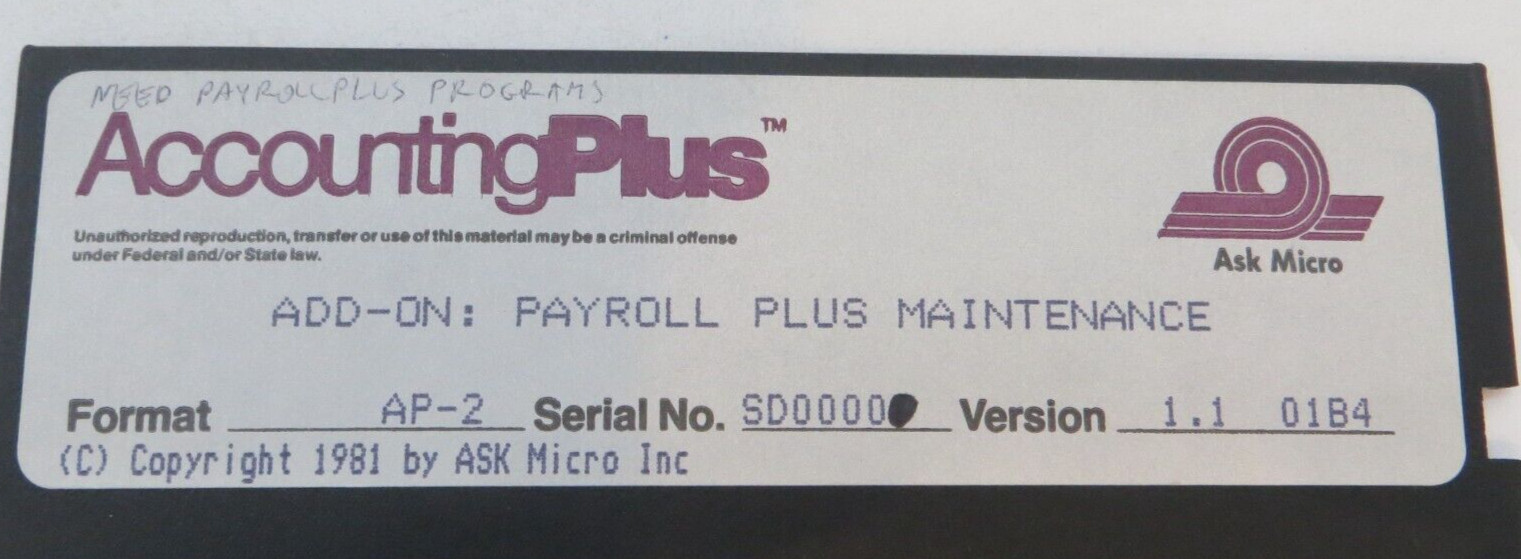 5.25" Floppy Disk Accounting Plus Add-On Payroll Plus Maintenance computer vtg