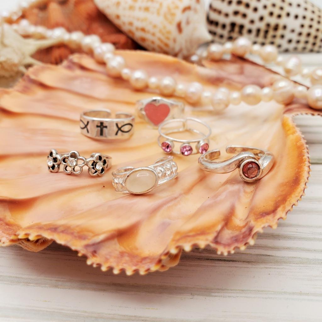 Lot 6 Silver Toe Rings Pink Stones Heart Flowers Christian Beach Sterling Silver