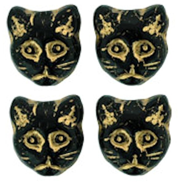 Bead, Jet Black Gold Inlay Glass 12x13mm Cat Head with 1-1.5mm Hole *