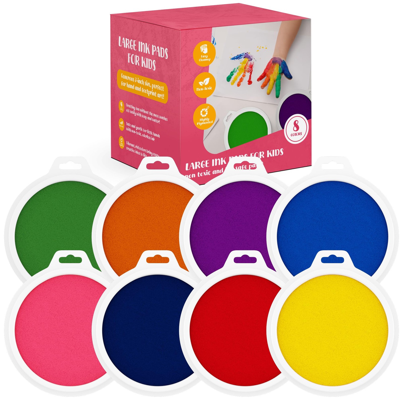 8 Pc Large Ink Pads for Kids - Washable Ink Pads for Kids - Hand/Handprint/Fo