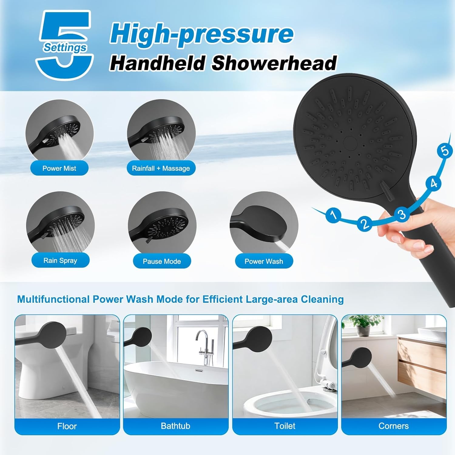 10" Black Rain Shower Head with Handheld, High Pressure Boosting Rainfall