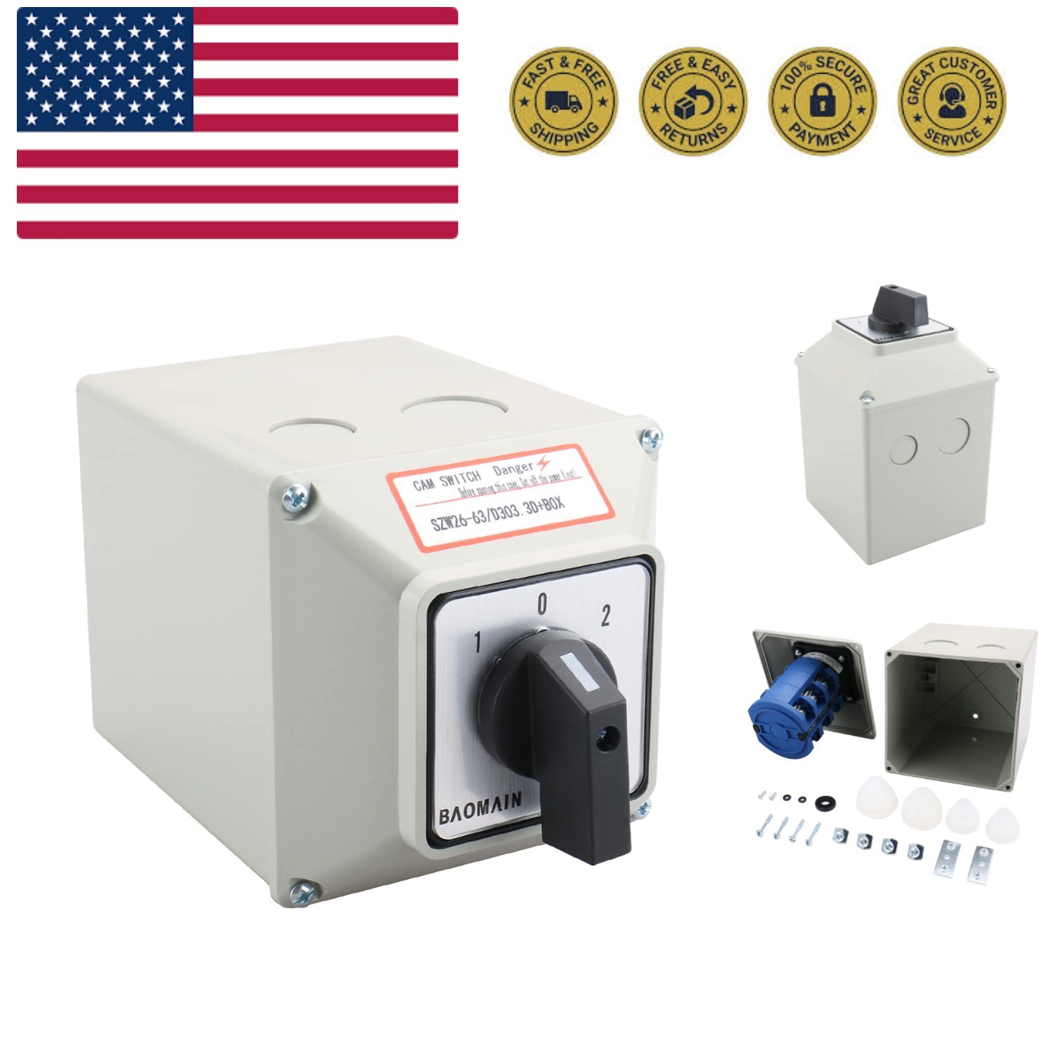 Universal Rotary Changeover Cam Switch - 660V 63A 3 Position 3 Phase with Mas...