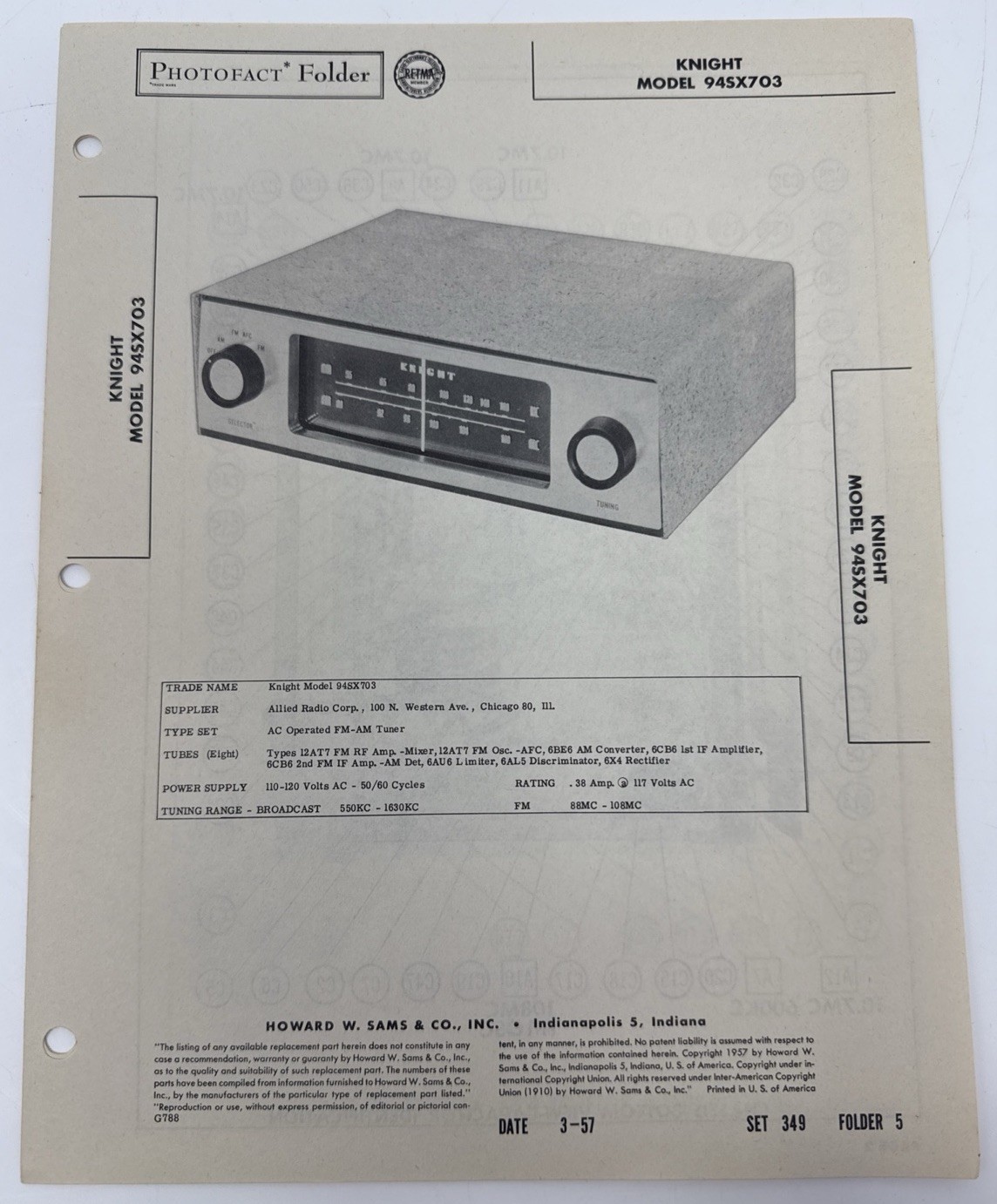Vintage 1957 SAMS PHOTOFACT Model 94SX703
