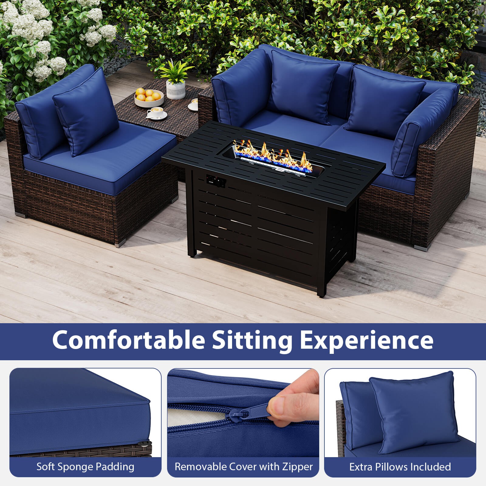 5 PCS Patio Furniture Set Heavy-duty Frame Rattan Sofa Set w/ 60,000 BTU
