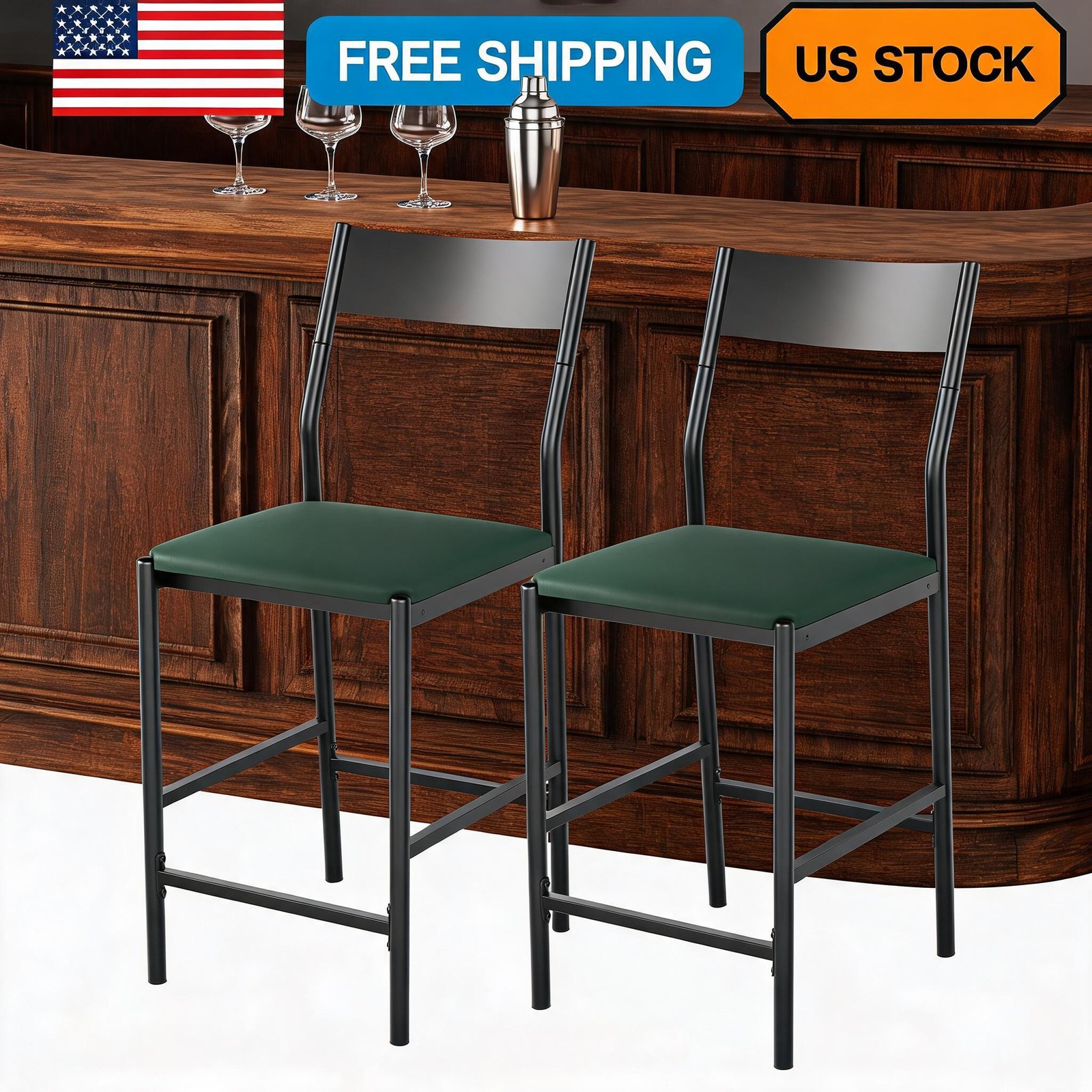 Modern Bar Stools Set of 2, 24 Inch Counter Height, PU Leather Barstools Chair
