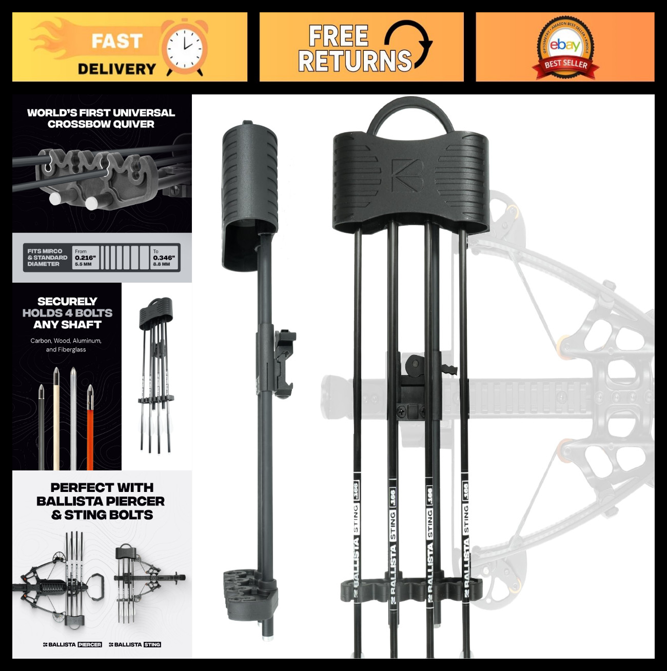 4 Arrow Crossbow Quiver with Quick-Detach, Foam Insert, 20mm Picatinny Mount