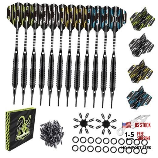 Soft Tip Darts Set 12 Pack, 18g, with 50 Extra Tips, 16 Flights, 20 O All Black