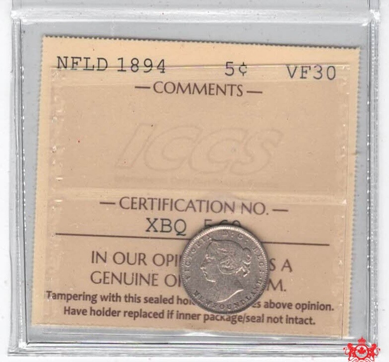 1894 Newfoundland 5 Cents - ICCS VF30 - XBQ 569