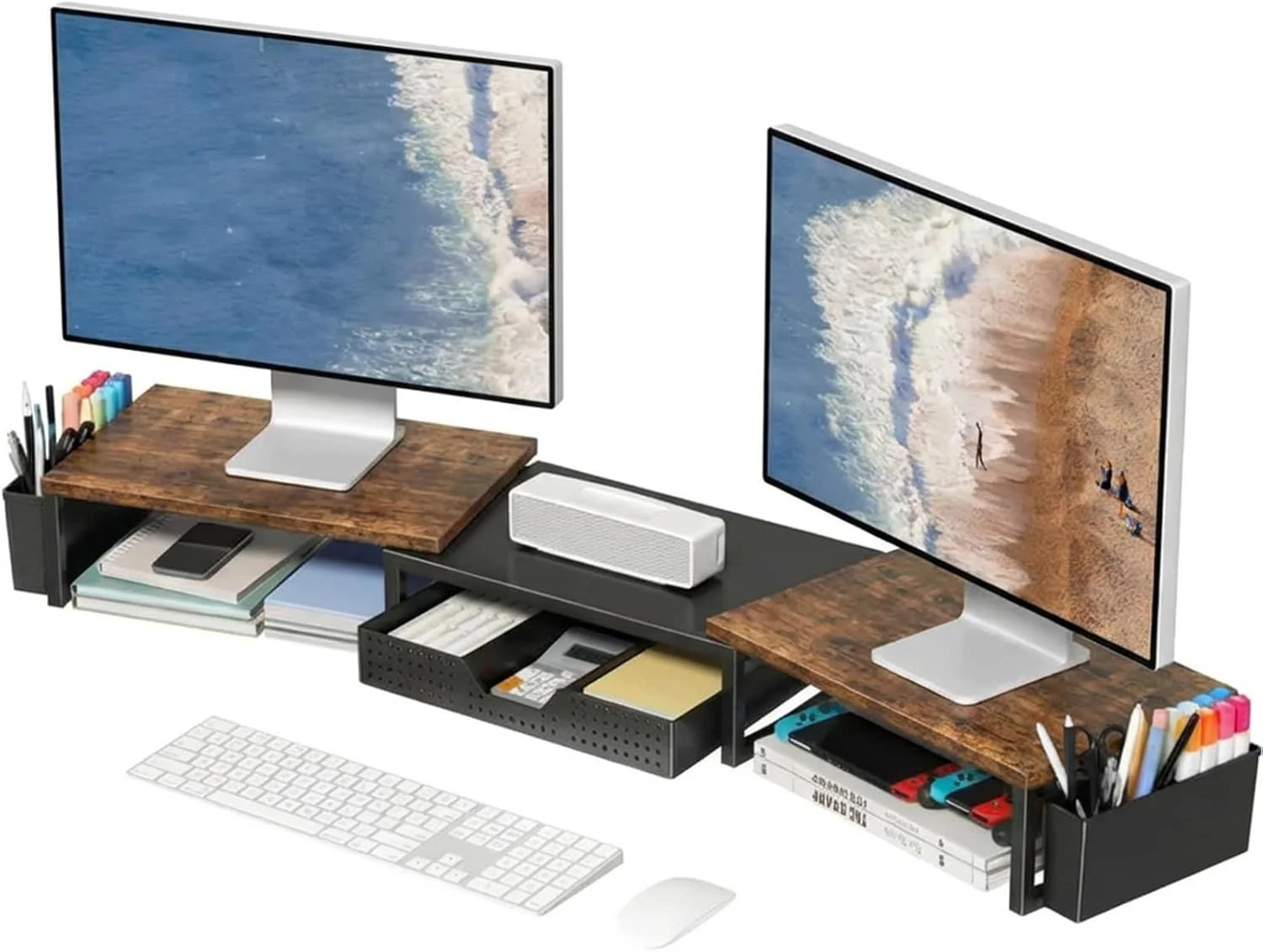 OPNICE Desk Organizers and Accessories, Dual Monitor Stand Riser with Drawer and