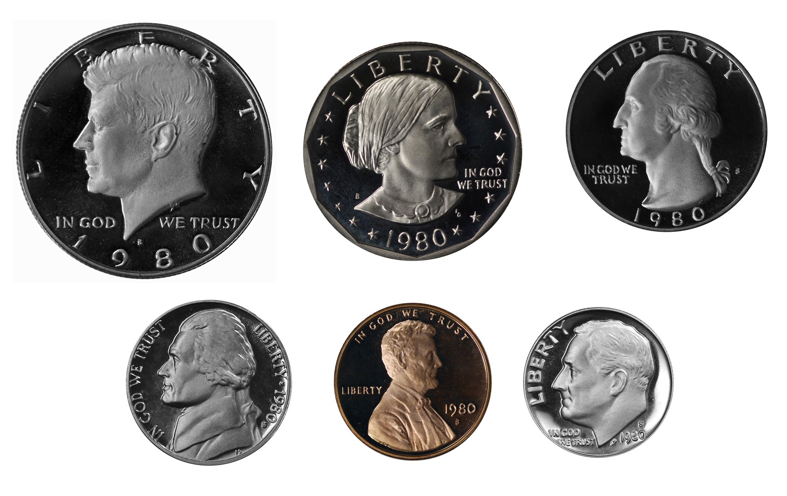 1980 -S Proof year Set - Coins ONLY - 6 Coins