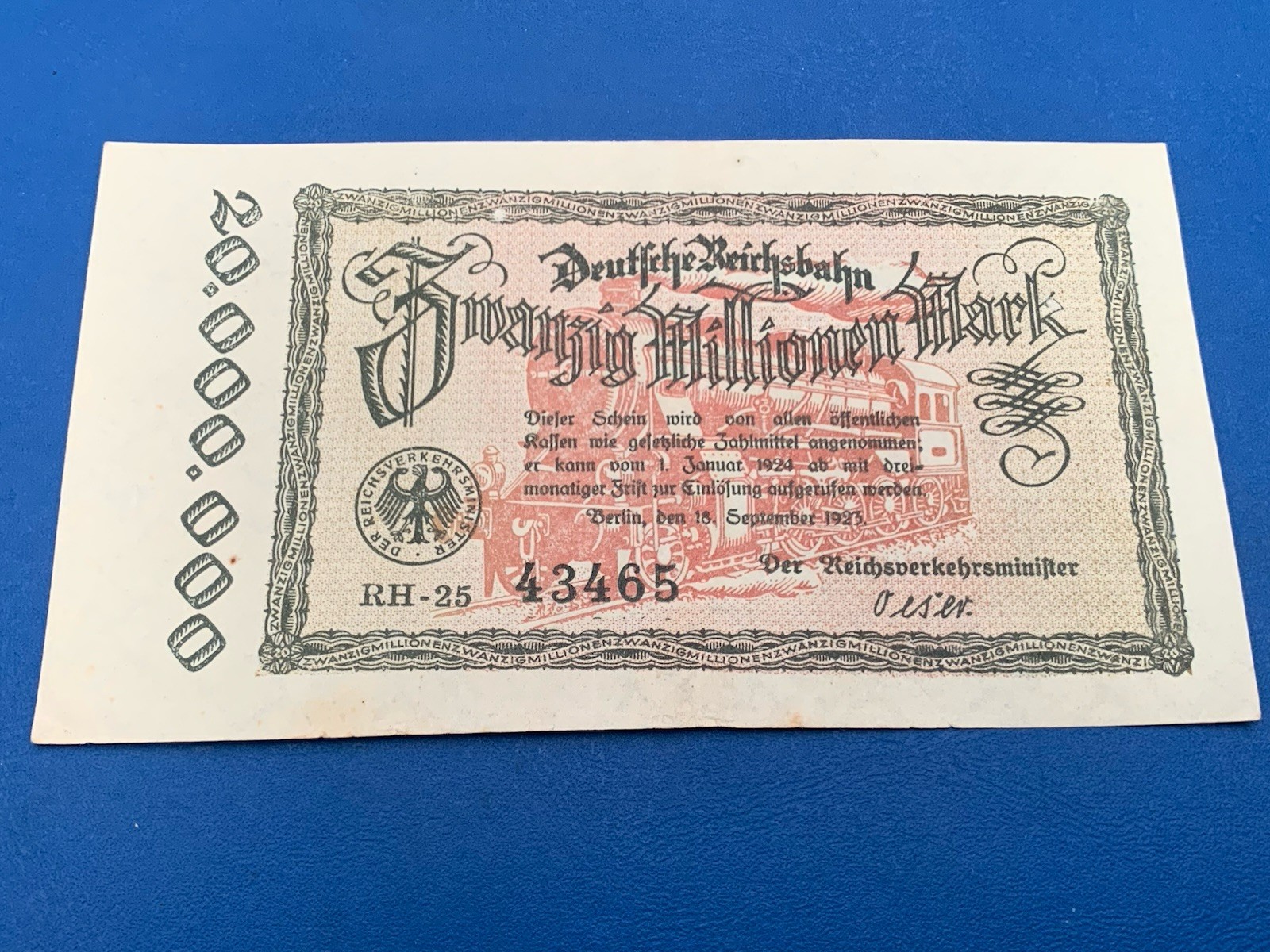 WWI ERA. 20,000,000 REICHSNOTE. BERLIN MINT. -:- IN NICE CIRCULATED CONDITION.