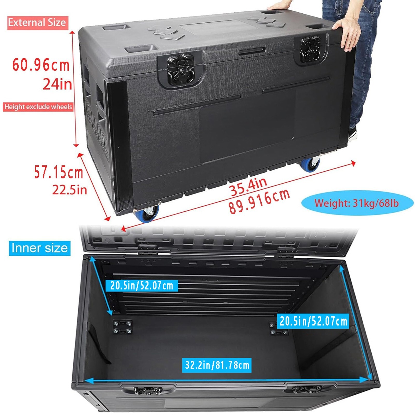 Utility Cable Trunk Road Case with Wheels Stackable ATA Rolling for Audio & DJ