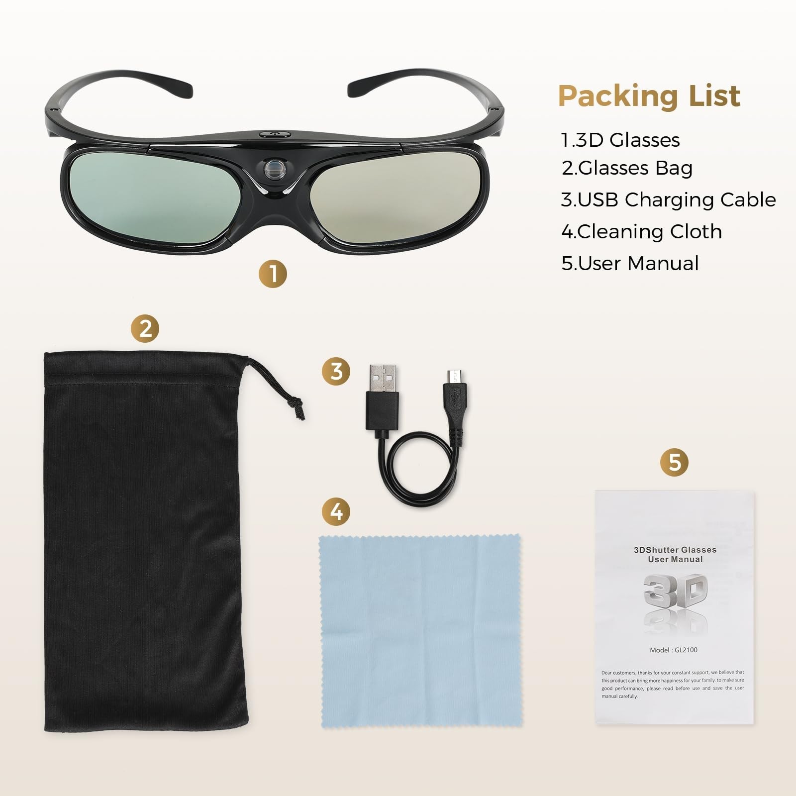 3D DLP Glasses, 144Hz Active Shutter, Rechargeable, 30H Use, 2 Pack - Projector